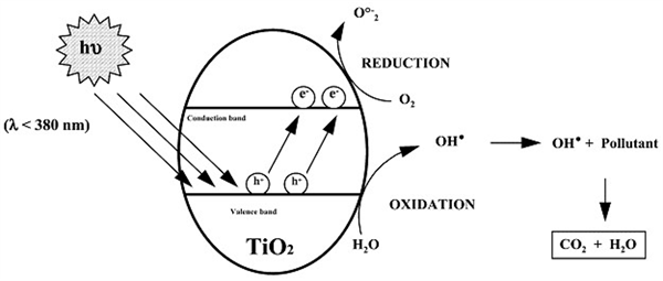 Illustration of the mechanism of TiO2 photocatalysis