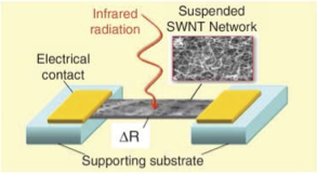 Schematic diagram of SWNT network suspended between electrical contacts